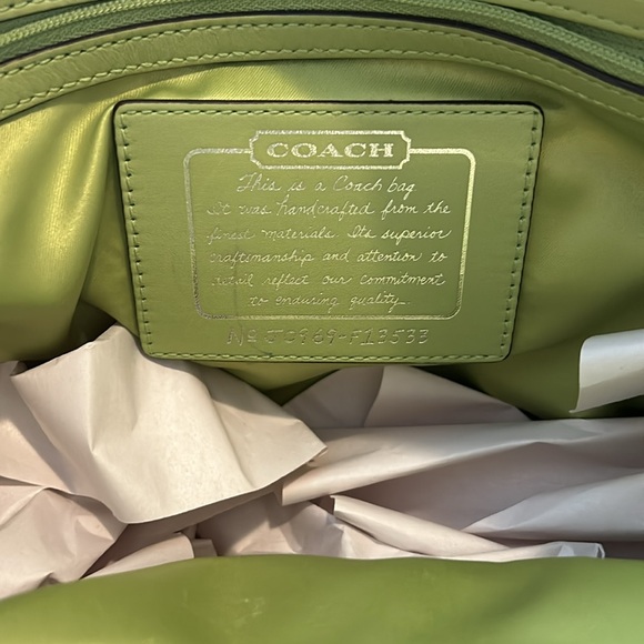 COACH signature beige fabric and lime green stripe bag, EUC - Picture 7 of 16